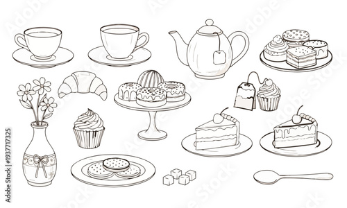 Tea Time Doodle Illustration Set – Teacups, Teapot and Dessert Hand Drawn Vector Collection