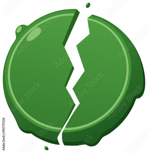 Glossy green coin or token with a jagged crack splitting apart vector illustration