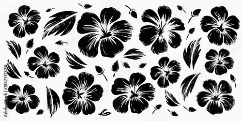 Black and white floral arrangement of hibiscus flowers and leaves