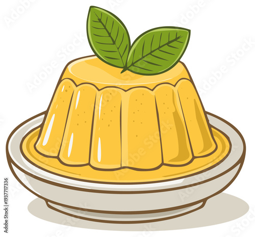 Sweet yellow custard pudding with fresh mint leaves garnish on a plate cartoon illustration