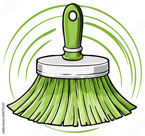 Vibrant green paintbrush with swirling green lines and a white background