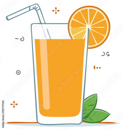 Refreshing orange juice in a tall glass with a straw and orange slice, vibrant, healthy drink
