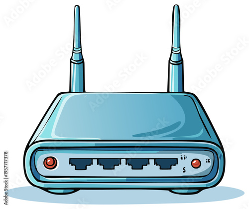 Light Blue Wireless Router Illustration With Dual Antennas And Multiple Connection Ports