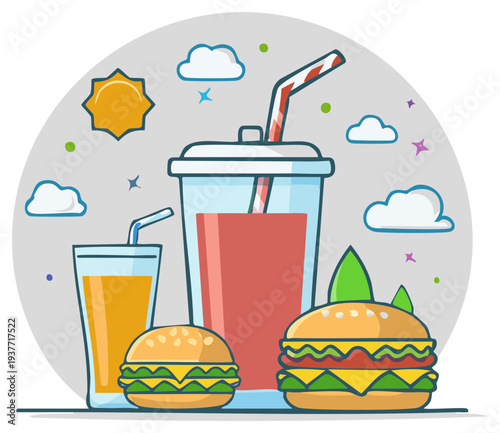 Colorful cartoon illustration of a fast food meal with hamburgers and soft drinks