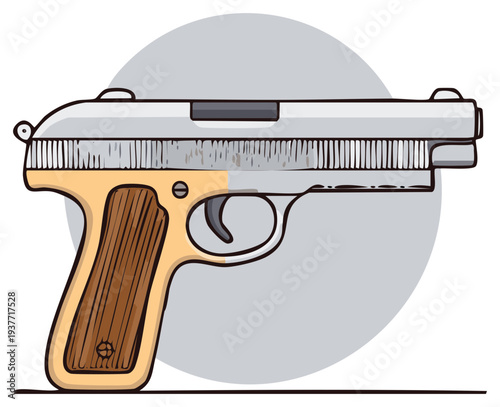 Cartoon style pistol illustration with silver slide and wooden grip