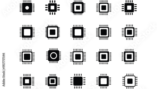 Microchip vector icons set for technology and electronics design