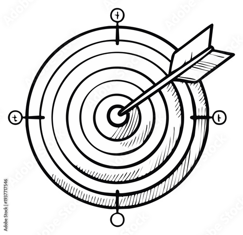 Hand drawn dart hitting bullseye on target board representing success and precision