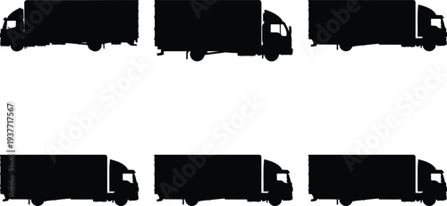 Variety of six black silhouette vector art images of semi-trailer trucks, captured from multiple angles for illustrating concepts of cargo, shipping, and delivery.