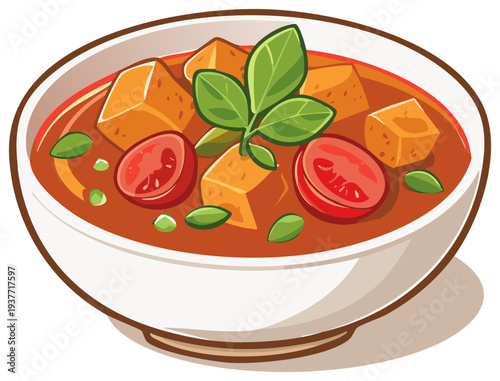 Spicy Thai red curry with tofu and fresh basil in a bowl vector illustration