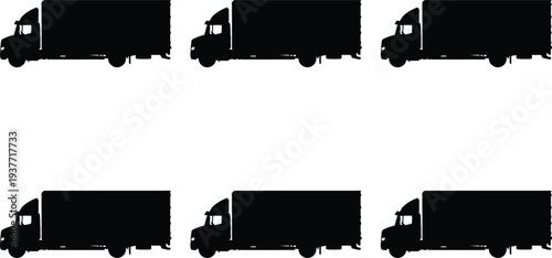 Compilation of six black silhouette illustrations of moving trucks, offering varied viewpoints for creative use in logistics and delivery service graphics.