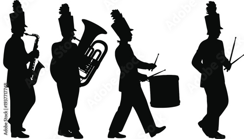 Marching band silhouette illustration with musical instruments and uniforms