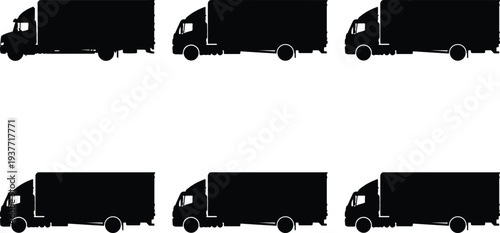 Set of six black silhouette semi-trucks and delivery vans in profile view isolated on a white background, symbolizing freight and shipping.