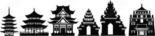 Traditional East Asian Architecture Silhouette Set: Pagoda, Shinto Torii, and Zen Temple Icons