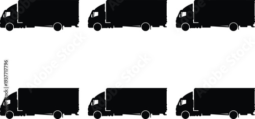 Group of six black silhouette semi-trucks and delivery vans presented in a clean vector format on a white backdrop for transport themes.