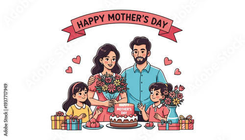 A happy family celebrating Mother's Day with a cake and gifts