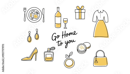 A set of golden homecoming icons with gifts and accessories