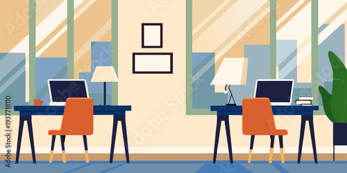 Minimalist office interior with two workstations and natural light