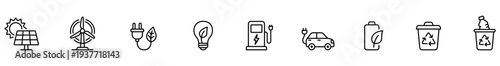 Renewable energy solar panel wind turbine electric plug light bulb charging station electric car battery icon set showing sustainable power, recycling and eco technology symbols in outline style
