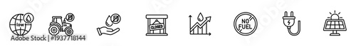 Sustainable agriculture icon renewable energy carbon neutral electric solar recycling line symbols showing tractor, eco hand, closed sign, growth chart, no fuel badge, plug, solar panel