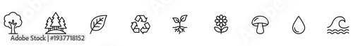 Nature icon outline tree forest leaf recycling seedling set featuring flower mushroom droplet wave, clean monochrome vector symbol for ecology, environment, sustainability, calm mood