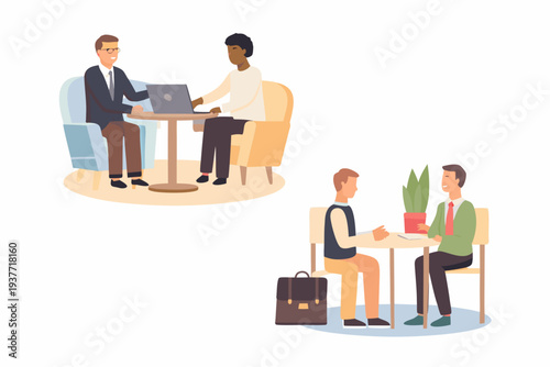Business professionals in meetings interviews and collaborative discussions