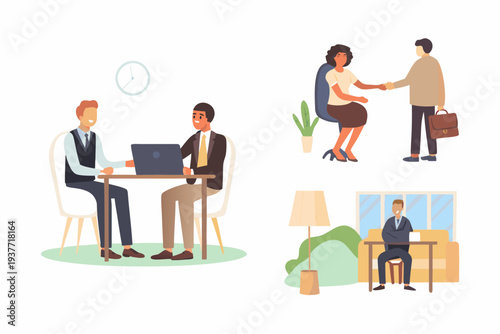 Business professionals collaborating in an office environment during interviews