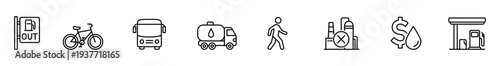 Fuel pump bicycle bus truck pedestrian refinery price icon set showing fuel shortage, public transport, cycling, oil industry outage, cost increase, gas station symbol