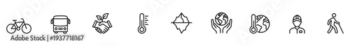 Sustainability climate environment transport agriculture mobility icon outline symbol infographic featuring bicycle bus handshake leaf thermometer iceberg globe farmer pedestrian for ecology