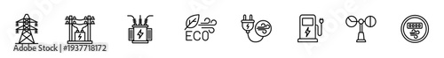 Electricity energy power grid icon line outline vector set showing transmission tower substation transformer eco symbol plug charging station wind tool meter for utility design