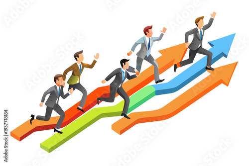 Businesspeople racing upwards on colorful isometric arrows representing growth