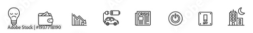 Icon lightbulb wallet chart car battery newspaper power outline vector symbols for energy saving, finance, market decline, electric vehicle, crisis news, shutdown switch, night city skyline