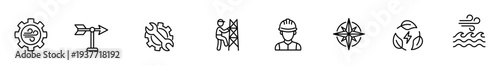 Renewable energy wind turbine technician engineer construction compass recycle water line icon set for sustainable industry, electricity, navigation, environment, and offshore power