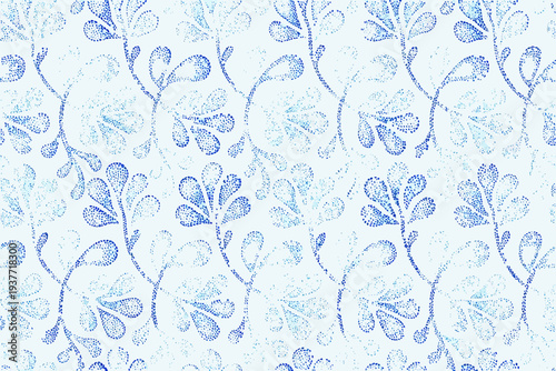 Delicate floral pattern with blue dotted leaves and winding stems