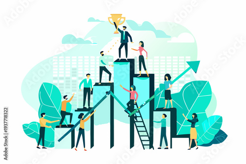 Teamwork and success people climbing stairs towards a golden trophy