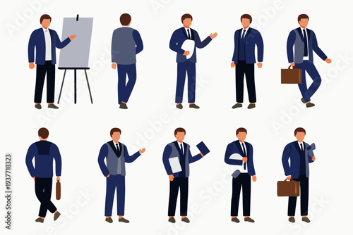 Diverse group of business professionals in various poses and formal attire