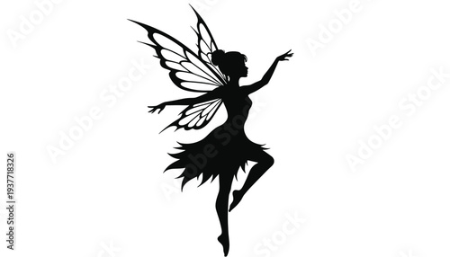 A fairy silhouette illustration dancing with beautiful wings and a dress