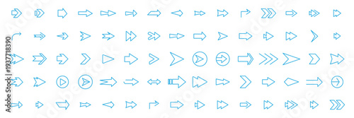 Blue arrow large set .Navigation Blue Arrow Icons Set. Collection of blue arrow pointing right and in various directions. Arrow icon set. Arrow cursor. Arrow big black set. Modern simple arrows. line