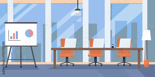 Modern office space features a presentation board and several workstations