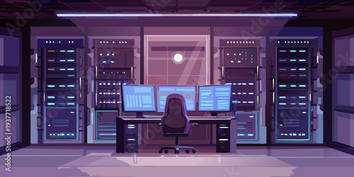 A brightly lit server room with rows of racks and a workstation