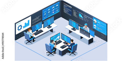 Isometric view of a modern network operations center with multiple workstations