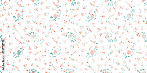 Delicate floral pattern with small pastel blooms scattered on a white background