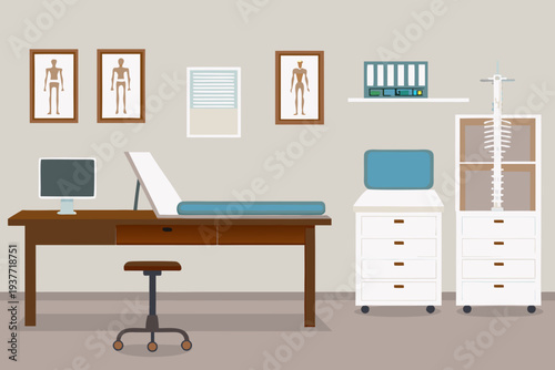 A doctor s office interior with anatomical charts and medical equipment