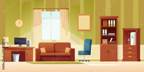 A brightly lit home office and living room interior with warm tones