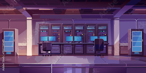 A brightly lit server room with rows of computer equipment and workstations