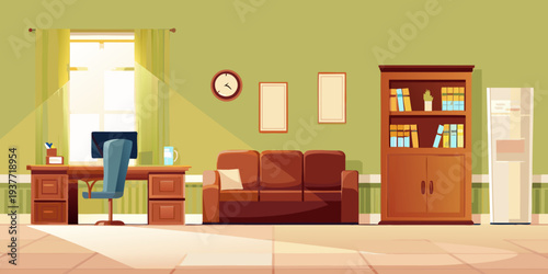 A brightly lit cartoon living room featuring a desk sofa and bookcase
