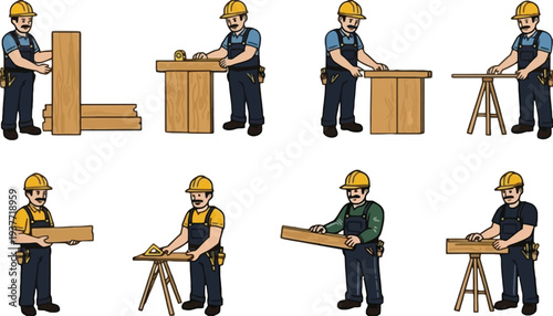 Carpenter vector illustrations of men working with wood in various positions