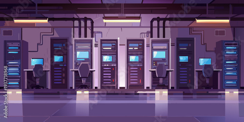 A stylized server room with rows of computer racks and glowing lights