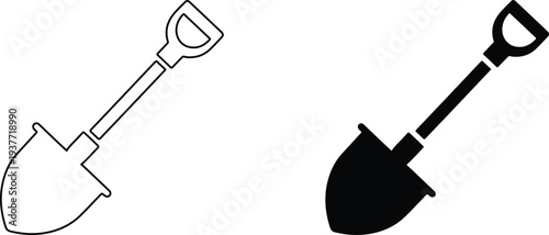 Shovel icon outline and silhouette for gardening construction or digging