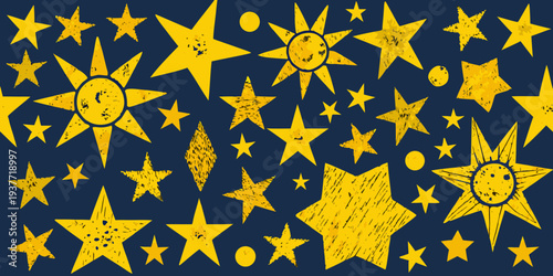 A vibrant pattern of textured yellow stars and suns on a dark blue background