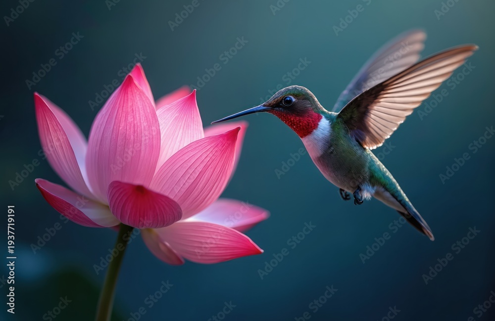 Naklejka premium Tiny hummingbird hovers near bright pink lotus flower. Bird has iridescent green feathers and red throat. Soft focus blue background creates bokeh effect. Nature scene.